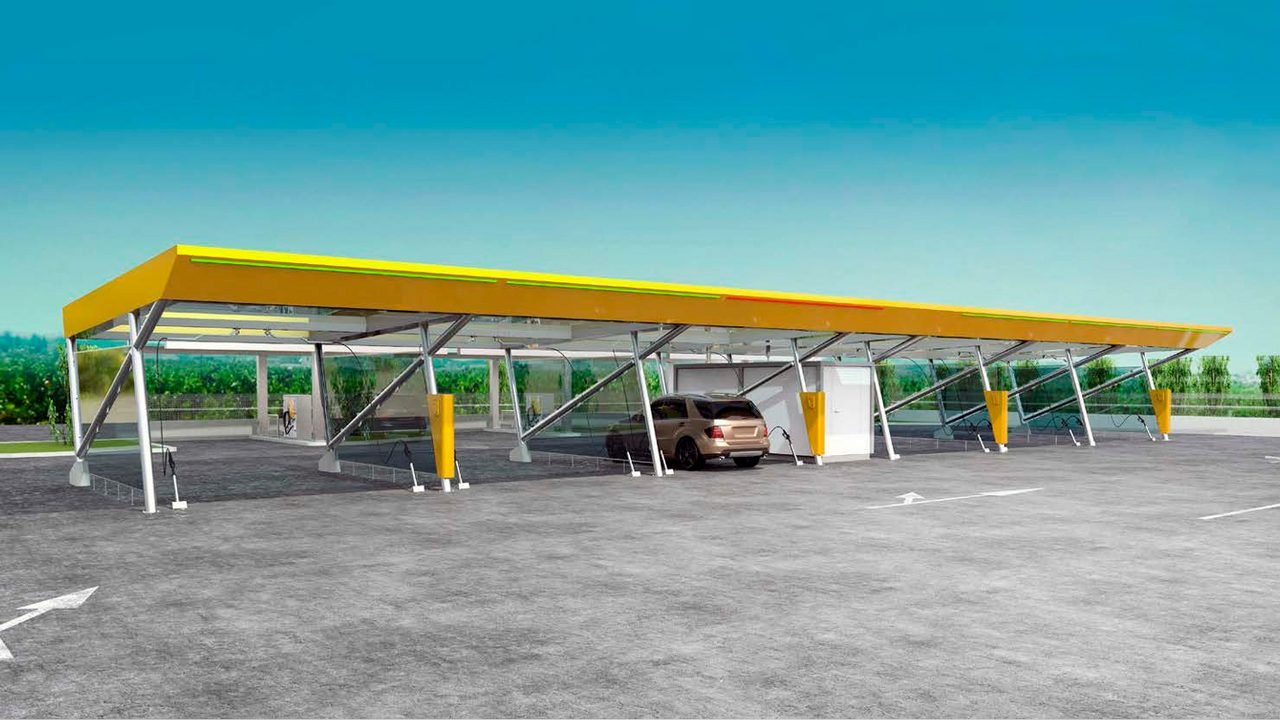 Projection 3D d'une station de self-lavage à auvent jaune